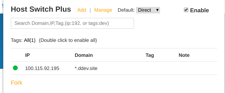 Screenshot of the "Host Switch Plus" plugin configuration panel set as described in the preceding text. Default set to "direct". Checkbox for "enable" selected. IP set to the result from ip -a | grep eth0, and Domain set to *.ddev.site